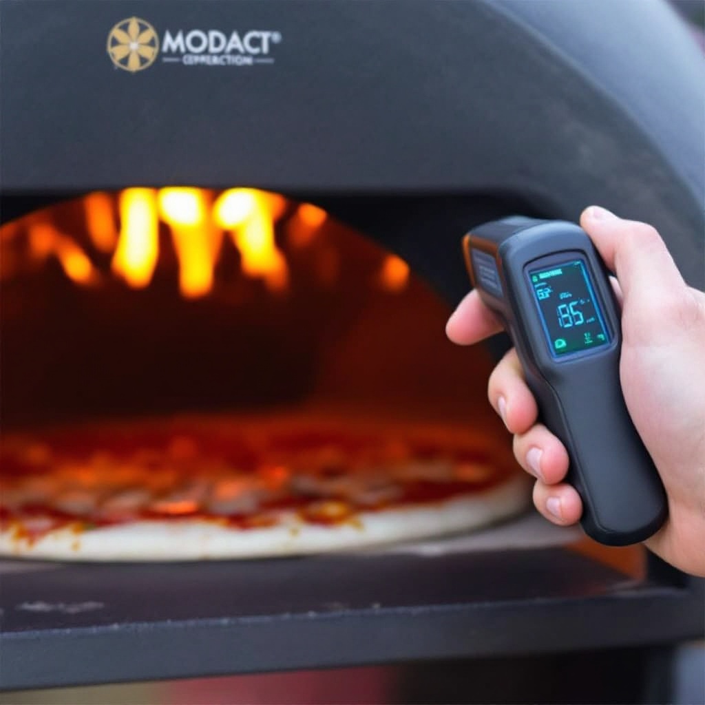 Using an infrared thermometer to check pizza stone temperature