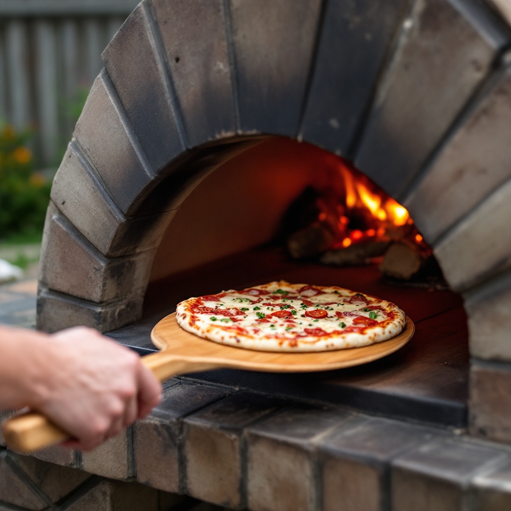 Person using a pizza peel to load a pizza into a hot pizza oven