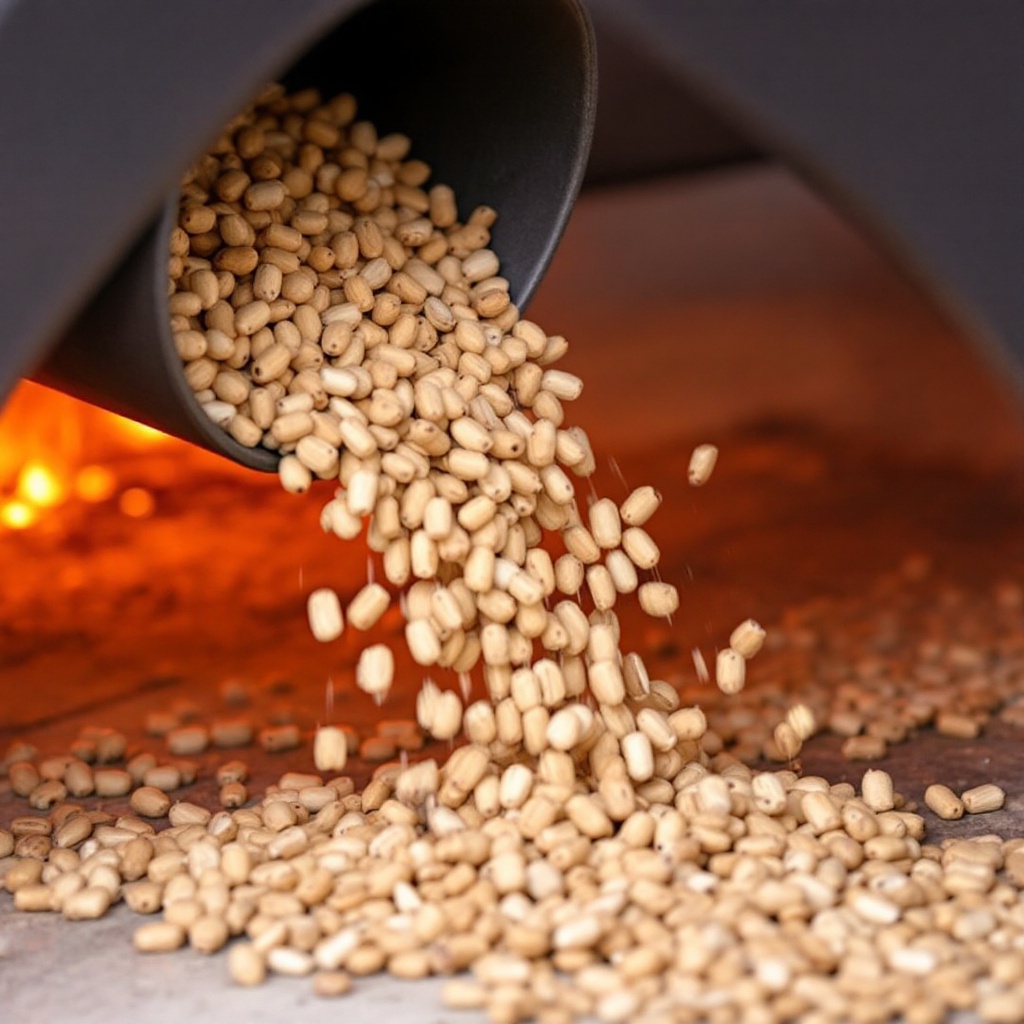 Wood pellets being loaded into a pizza oven fuel chamber